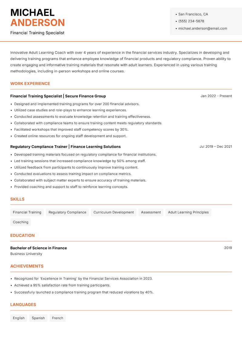 Adult Learning Coach Resume Template