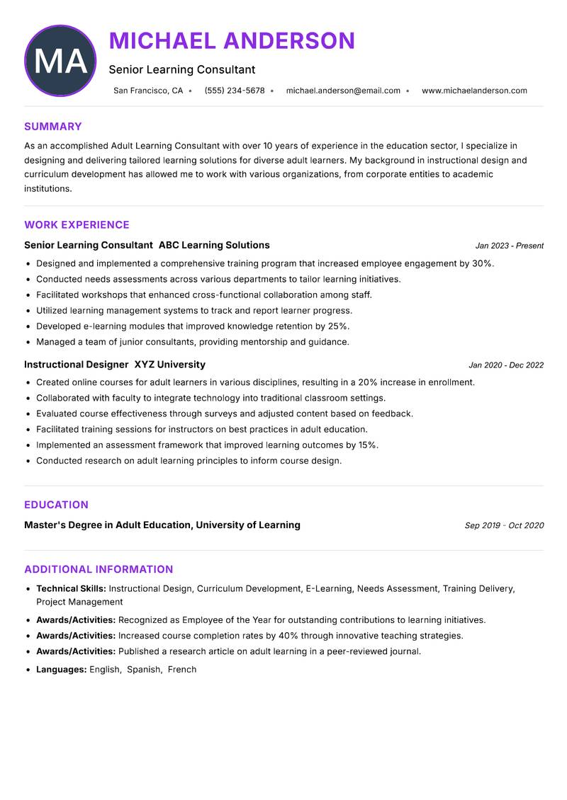 Adult Learning Consultant Resume Preview Example