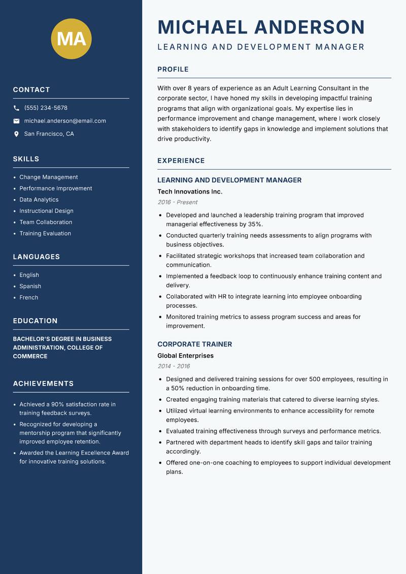 Adult Learning Consultant Resume Preview Example