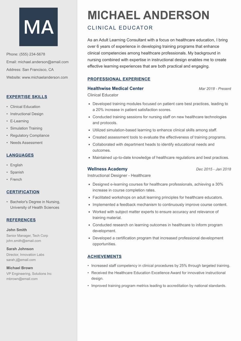 Adult Learning Consultant Resume Preview Example