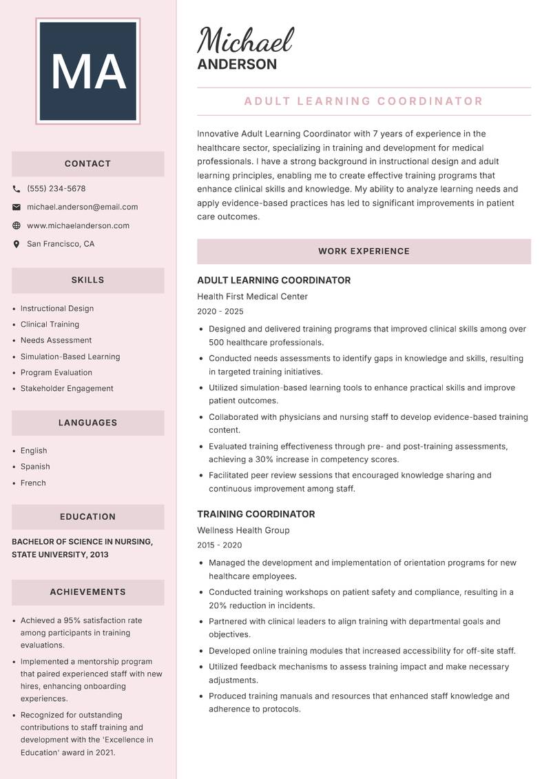 Adult Learning Coordinator Resume Preview Example