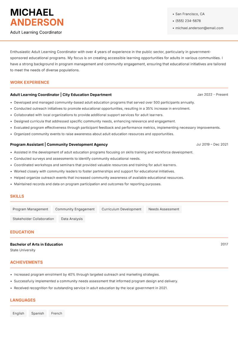 Adult Learning Coordinator Resume Template