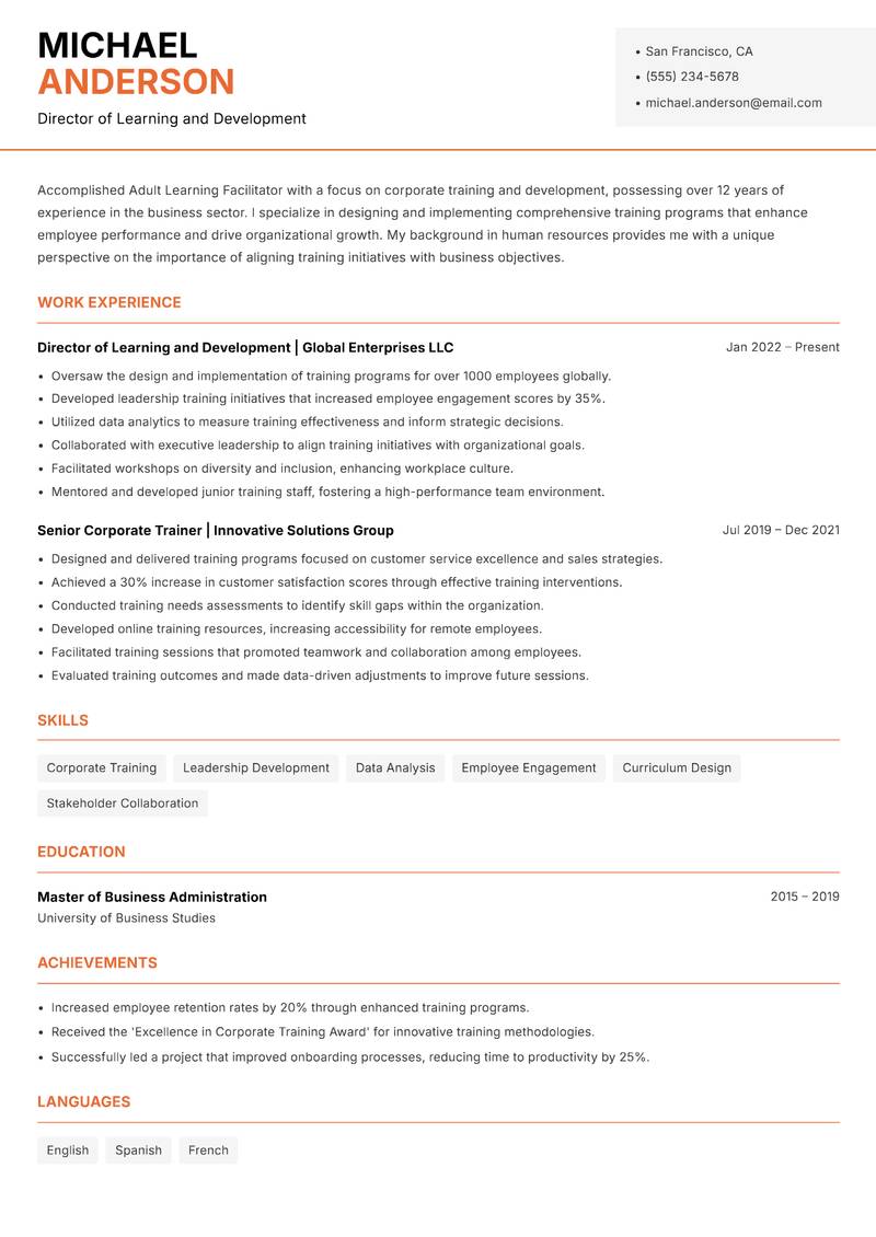 Adult Learning Facilitator Resume Template