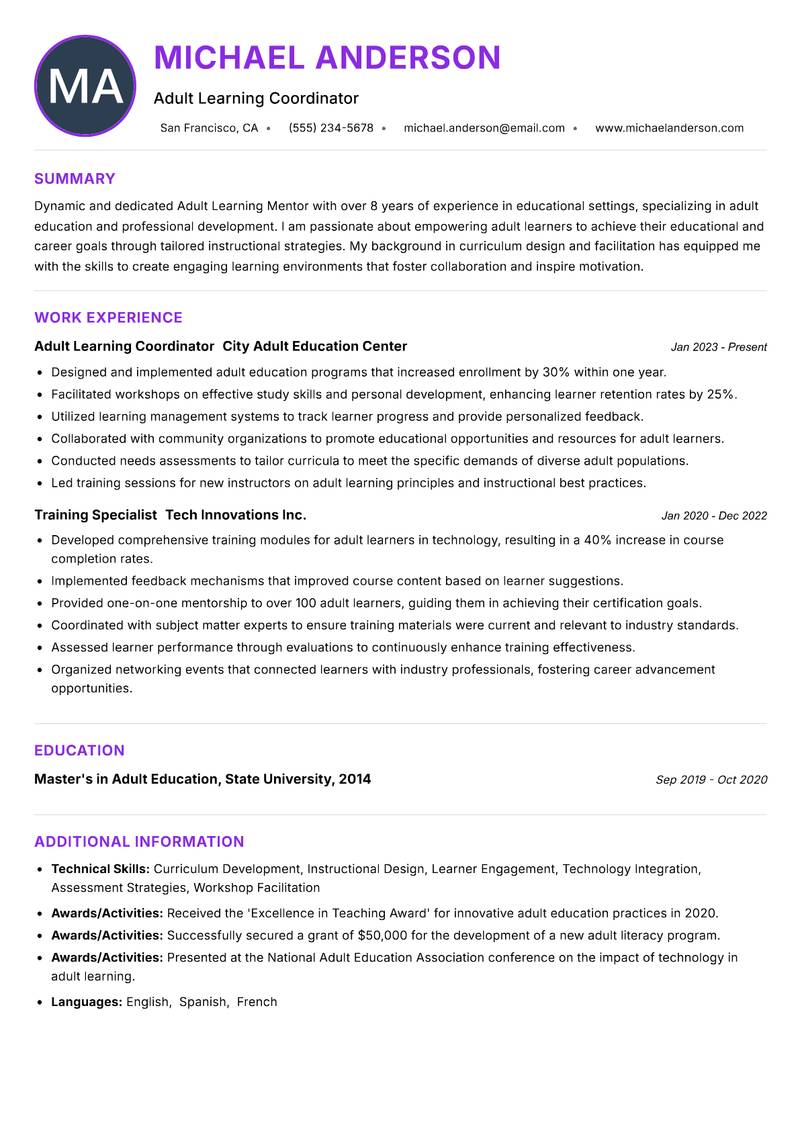 Adult Learning Mentor Resume Preview Example