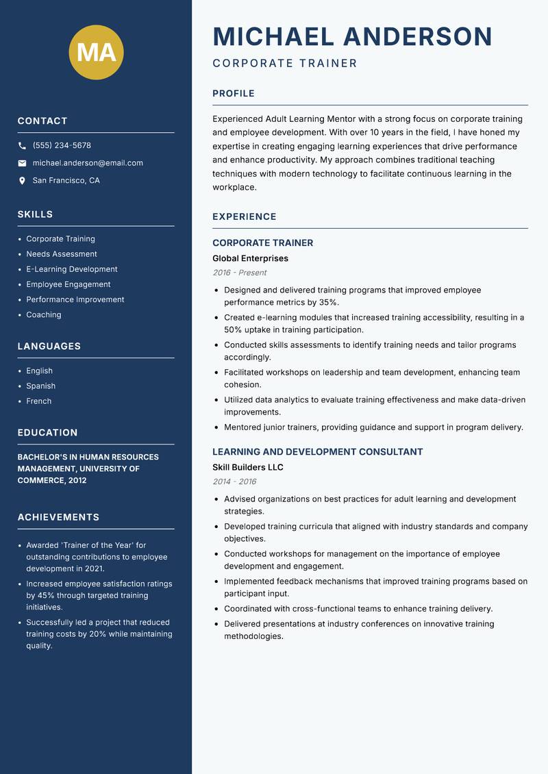 Adult Learning Mentor Resume Preview Example