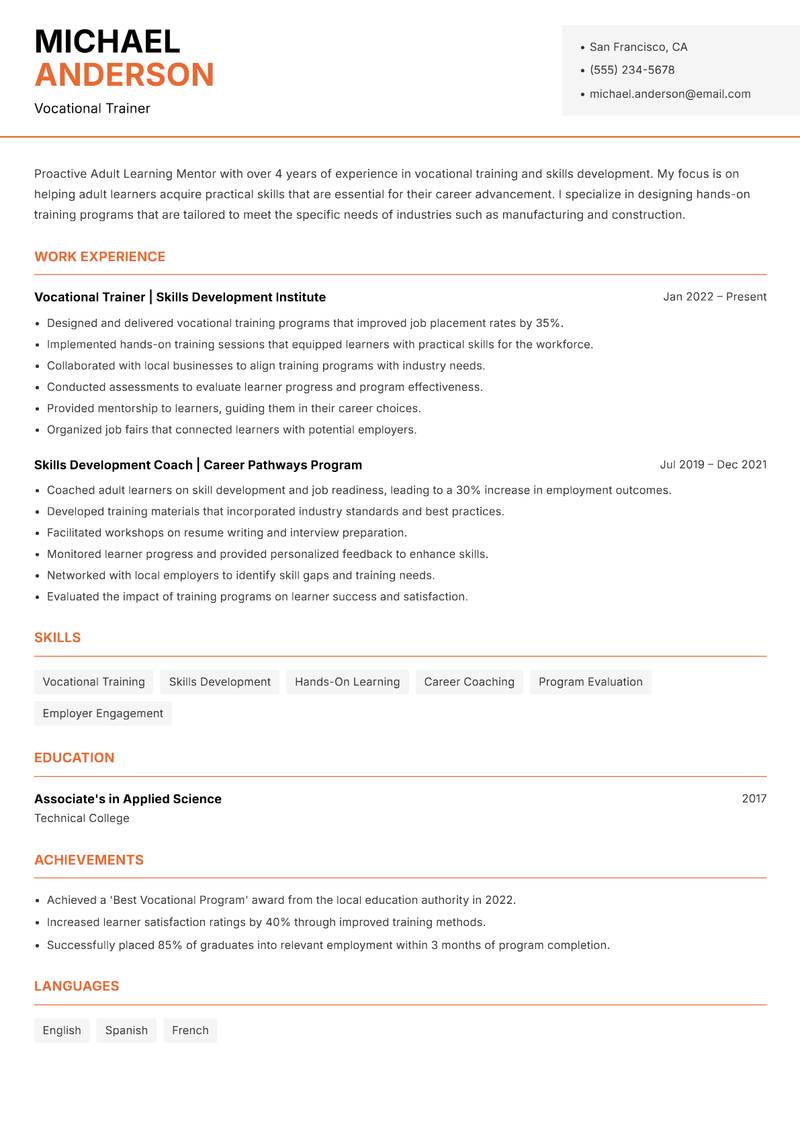 Adult Learning Mentor Resume Template