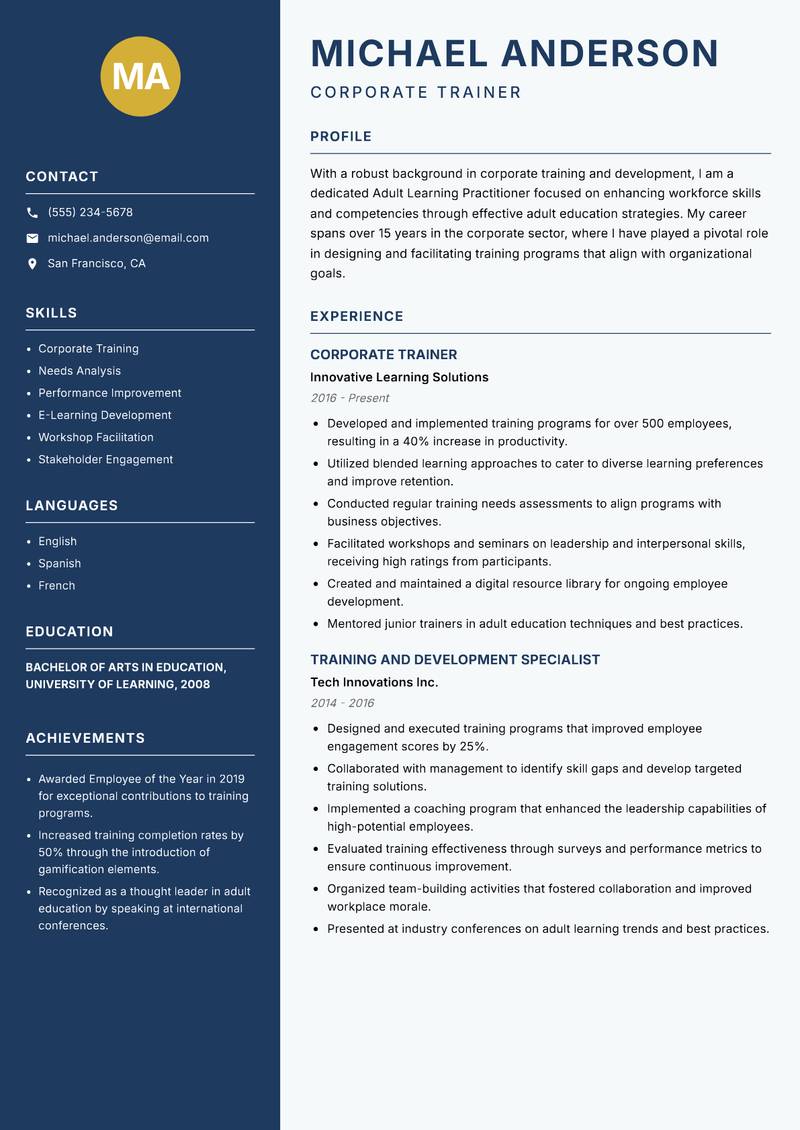 Adult Learning Practitioner Resume Preview Example