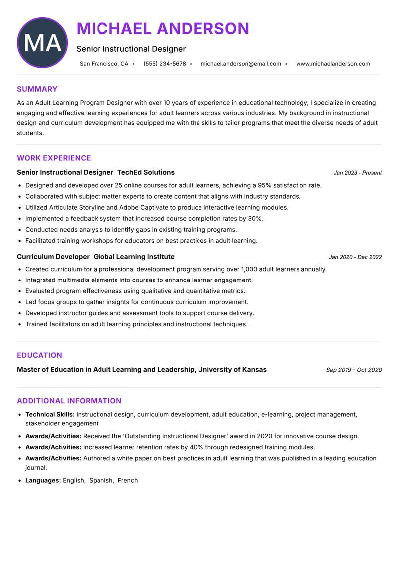 Adult Learning Program Designer Resume Preview Example