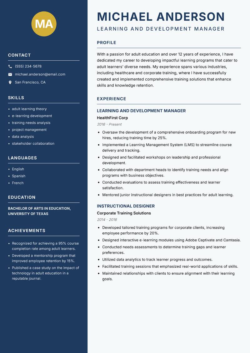Adult Learning Program Designer Resume Preview Example