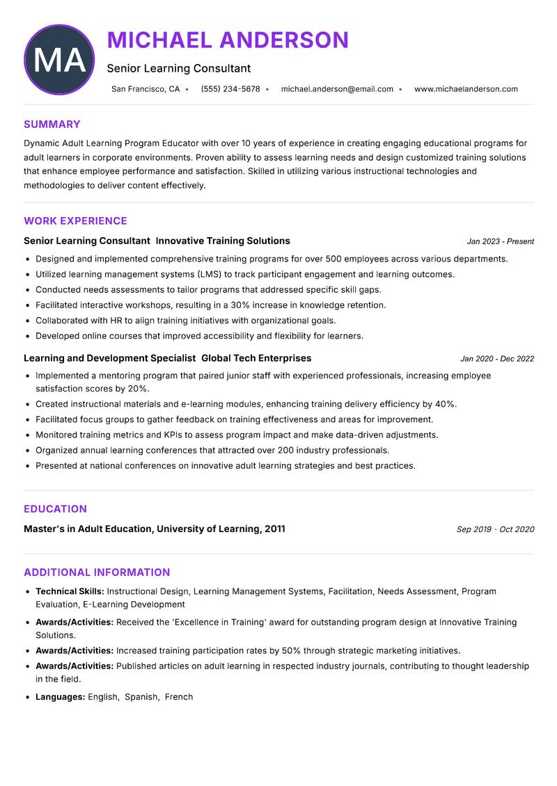 Adult Learning Program Educator Resume Preview Example