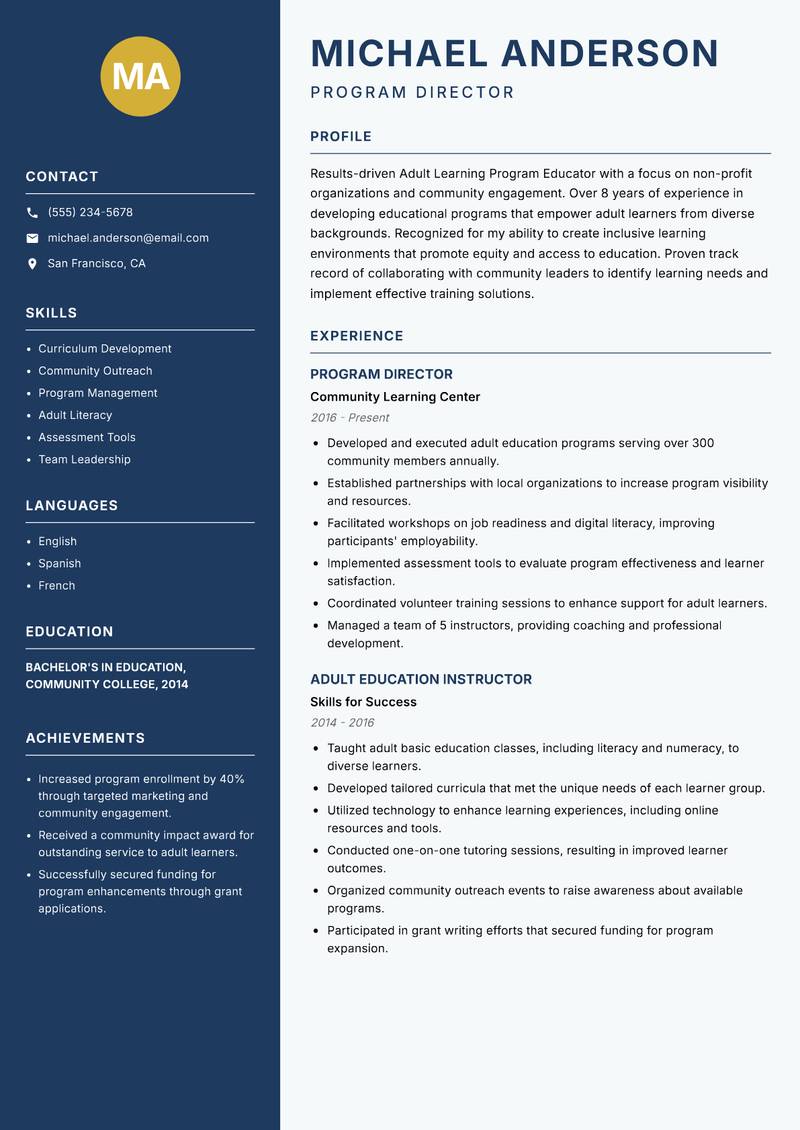 Adult Learning Program Educator Resume Preview Example
