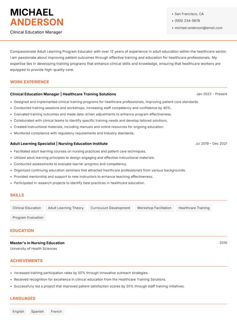 Adult Learning Program Educator Resume Template