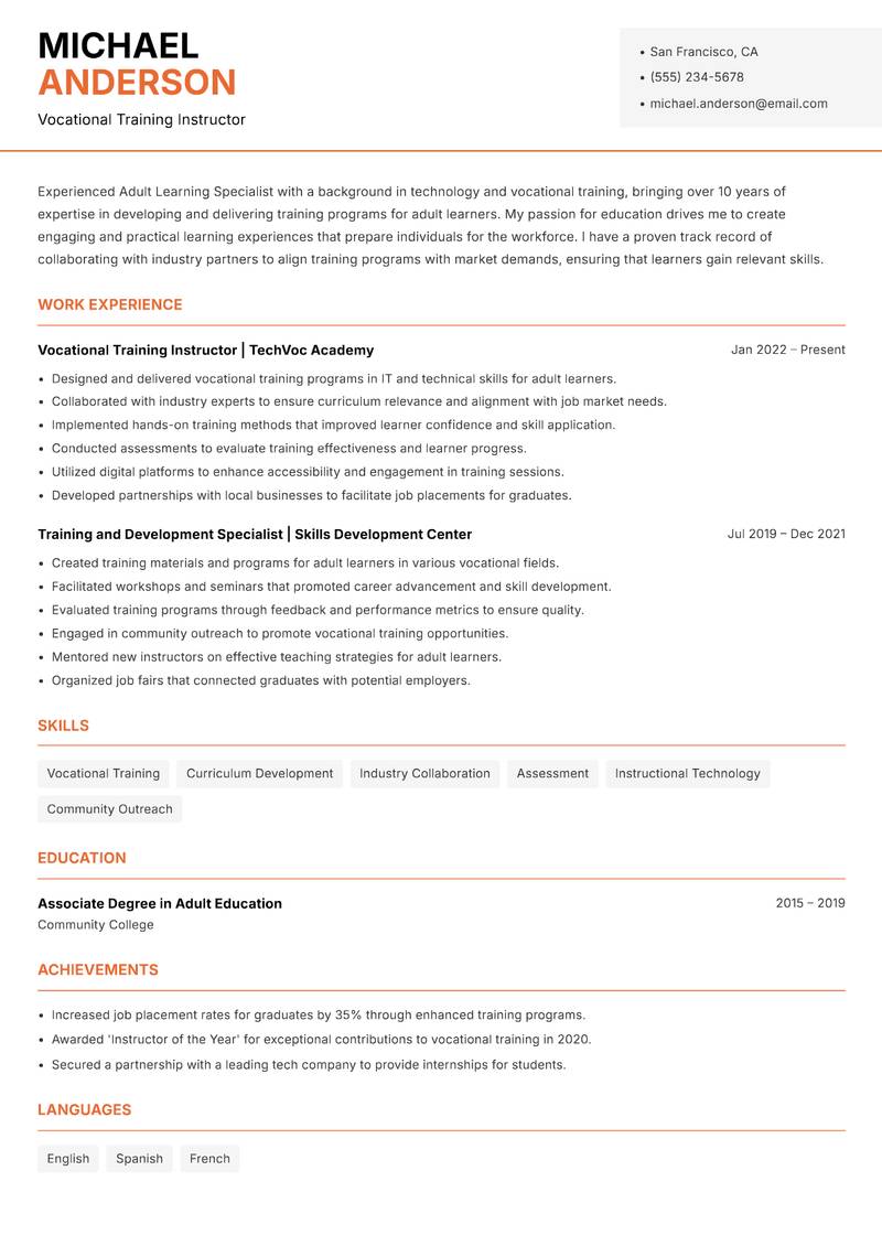 Adult Learning Specialist Resume Template
