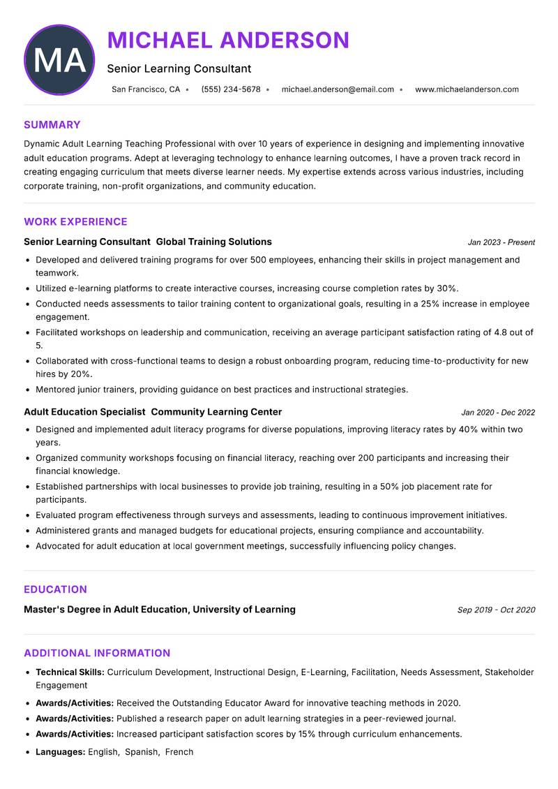 Adult Learning Teaching Professional Resume Preview Example