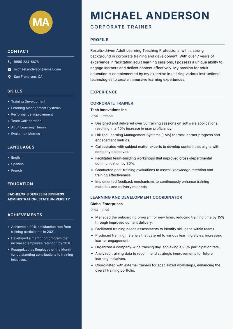 Adult Learning Teaching Professional Resume Preview Example