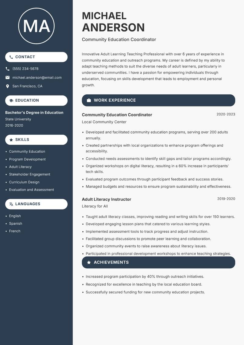 Adult Learning Teaching Professional Resume Preview Example