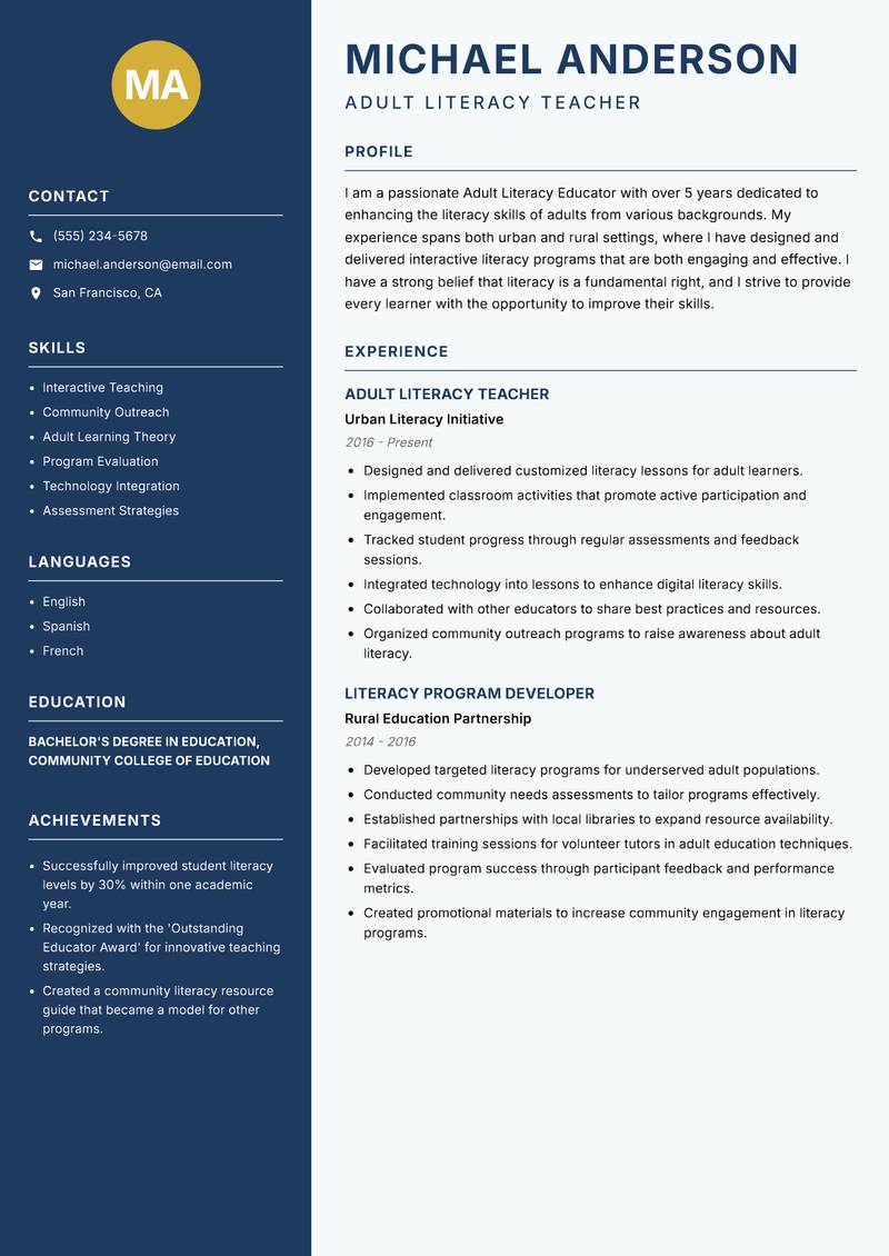 Adult Literacy Educator Resume Preview Example