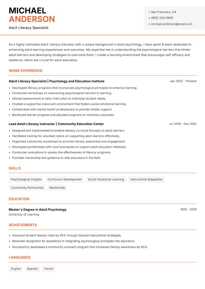 Adult Literacy Educator Resume Template