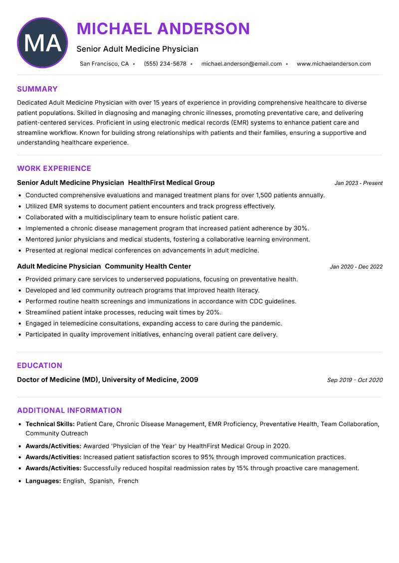 Adult Medicine Physician Resume Preview Example