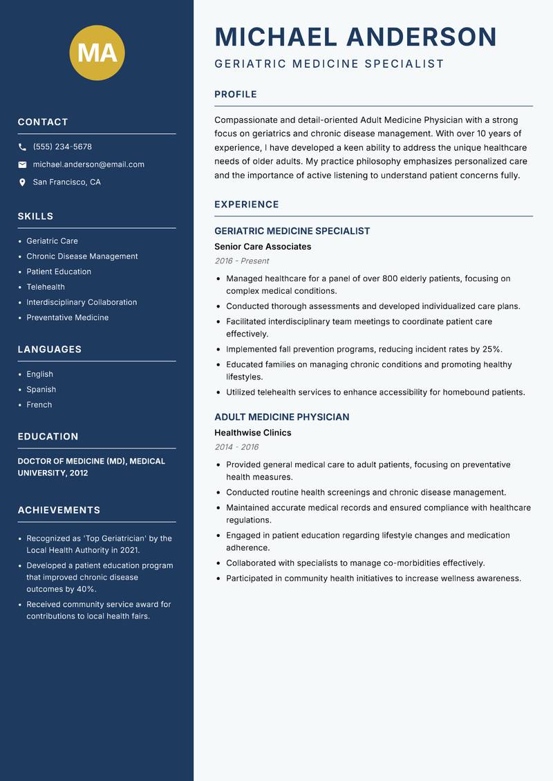 Adult Medicine Physician Resume Preview Example