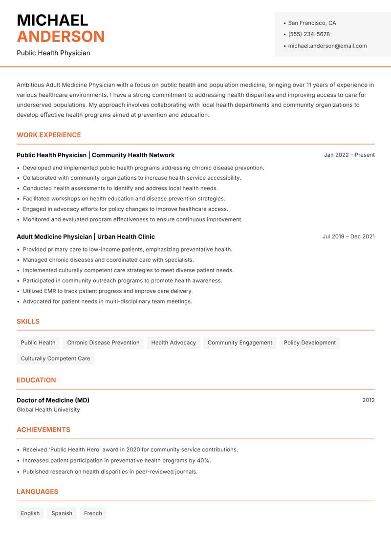 Adult Medicine Physician Resume Template