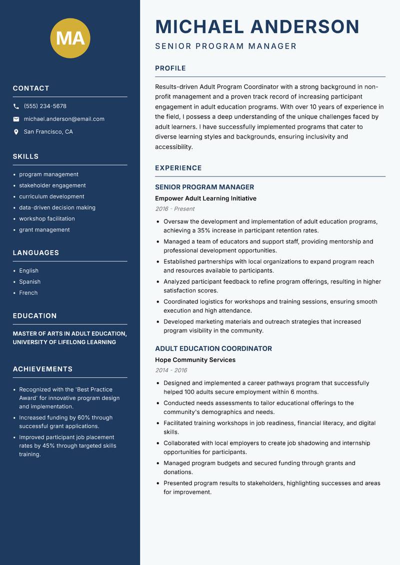 Adult Program Coordinator Resume Preview Example