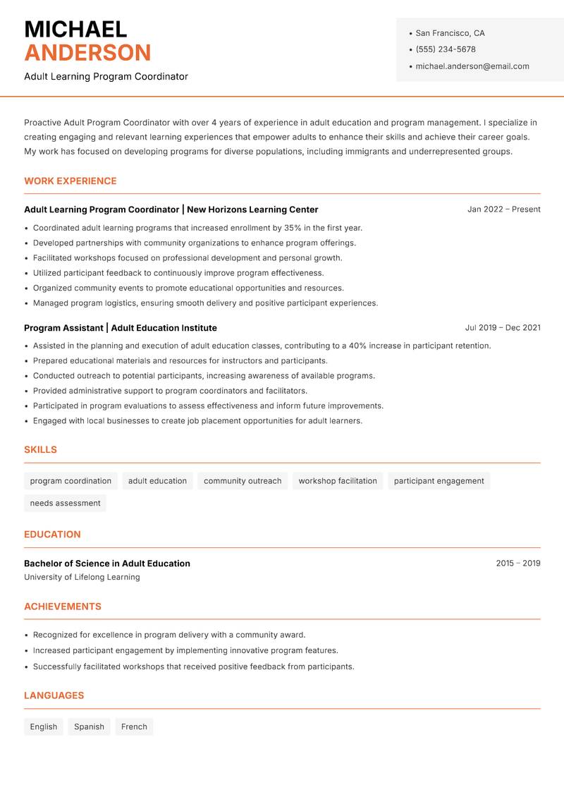 Adult Program Coordinator Resume Template