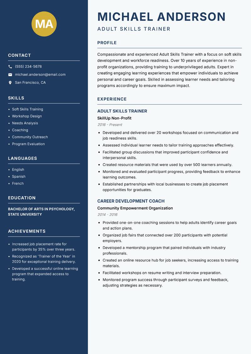 Adult Skills Trainer Resume Preview Example