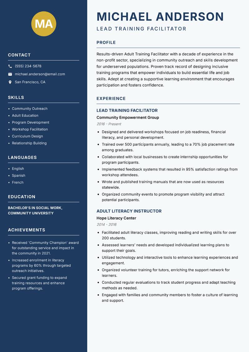 Adult Training Facilitator Resume Preview Example