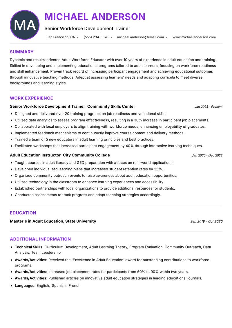 Adult Workforce Educator Resume Preview Example