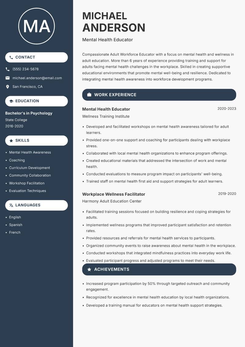 Adult Workforce Educator Resume Preview Example
