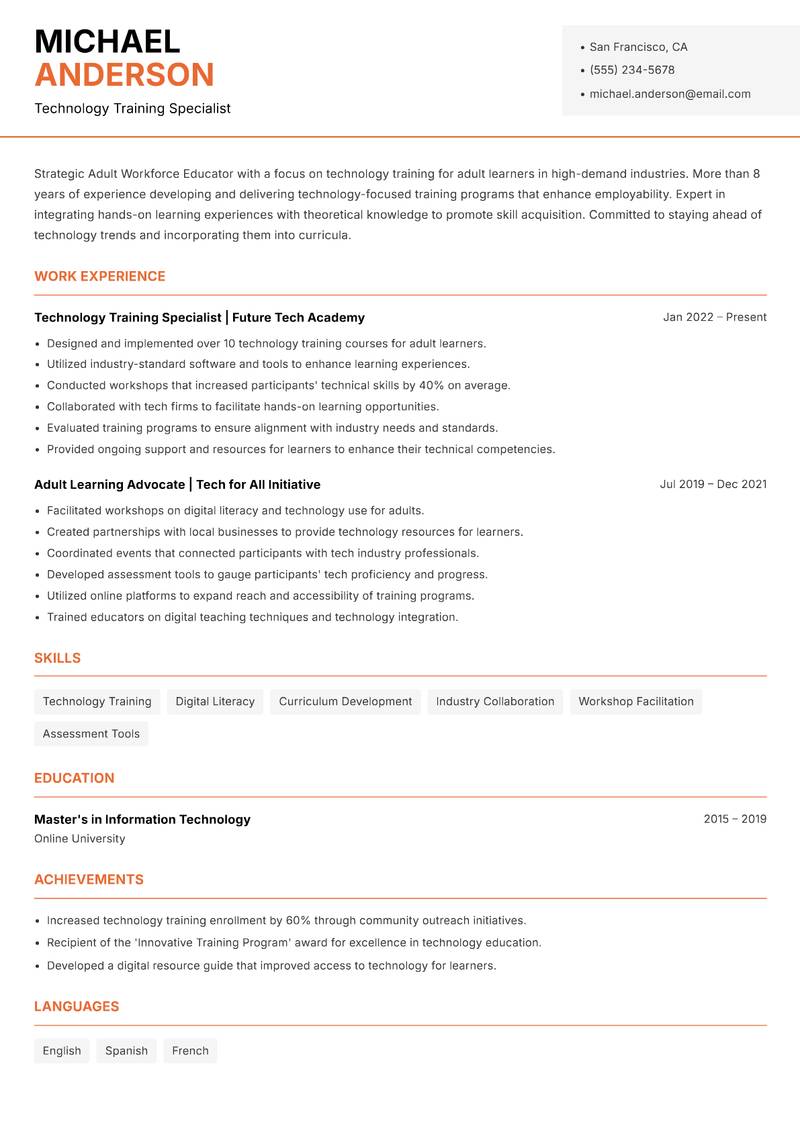 Adult Workforce Educator Resume Template