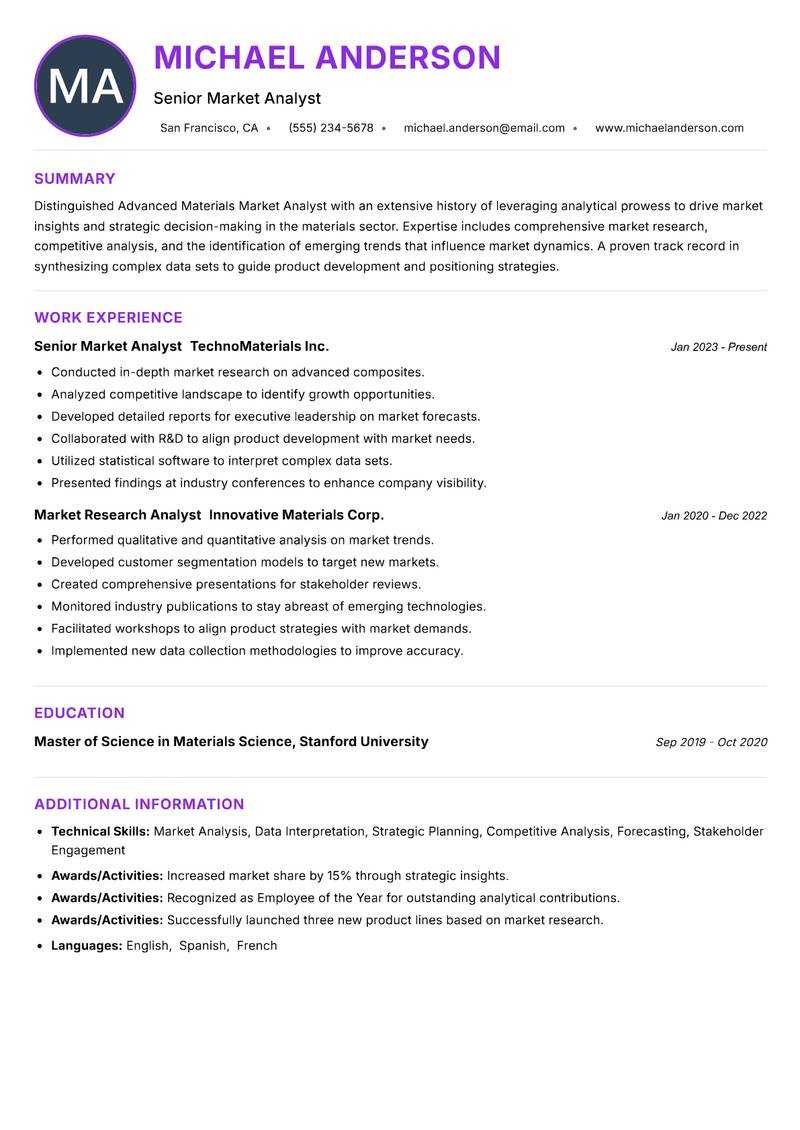 Advanced Materials Market Analyst Resume Preview Example
