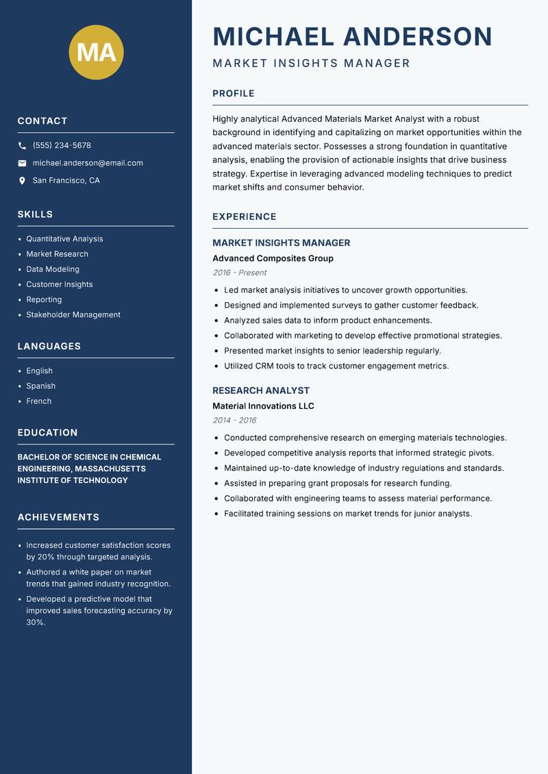 Advanced Materials Market Analyst Resume Preview Example