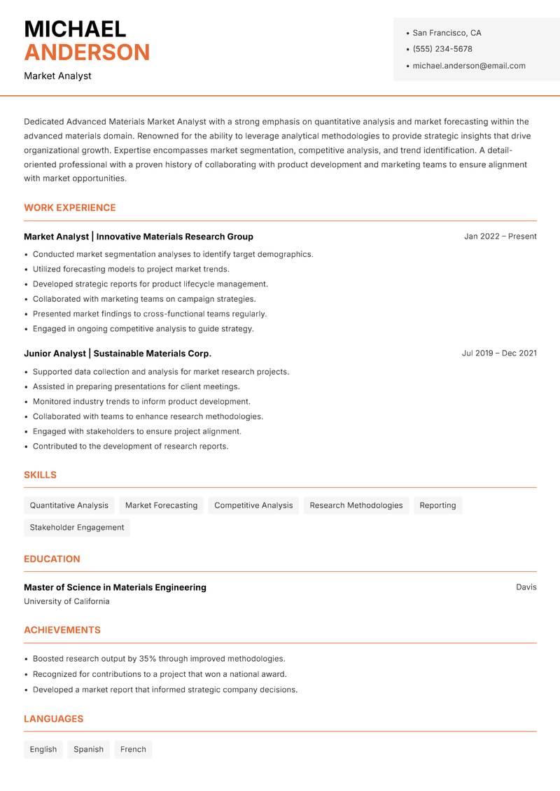 Advanced Materials Market Analyst Resume Template