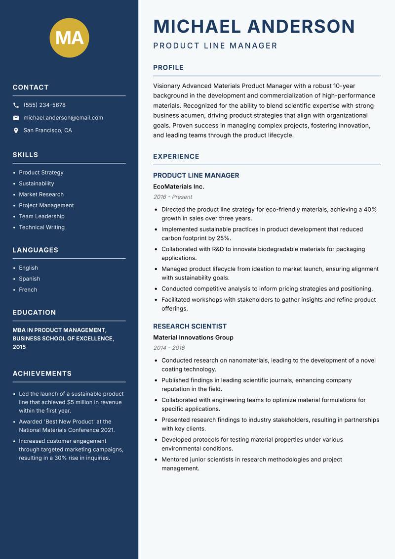 Advanced Materials Product Manager Resume Preview Example