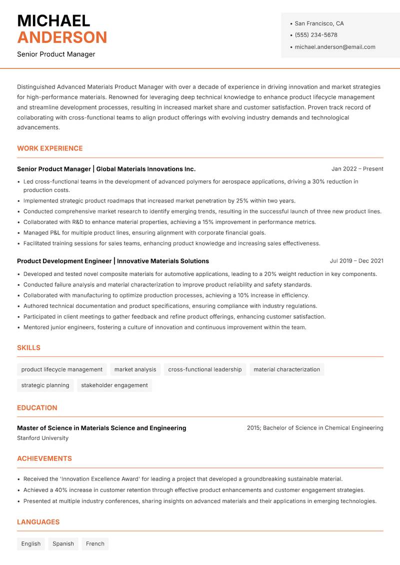 Advanced Materials Product Manager Resume Template