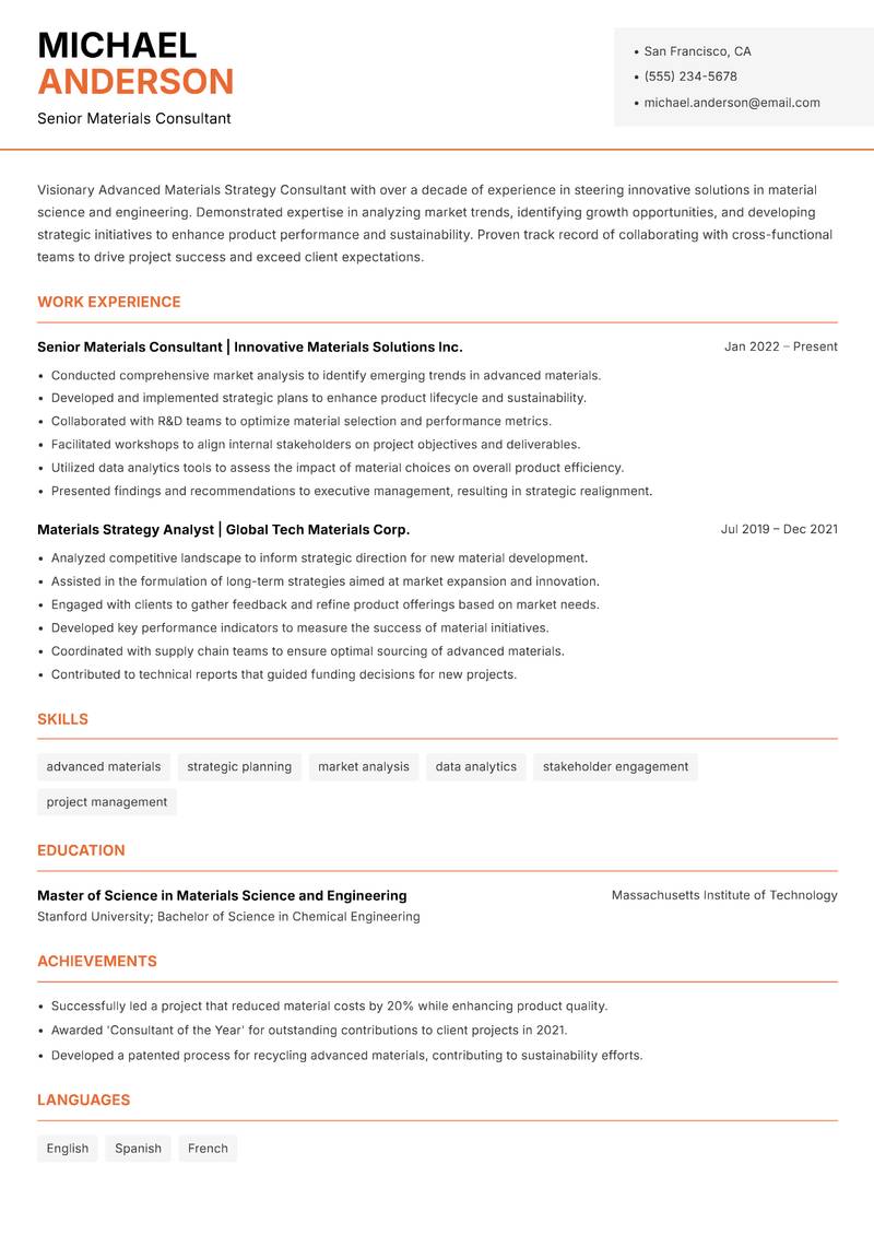 Advanced Materials Strategy Consultant Resume Template