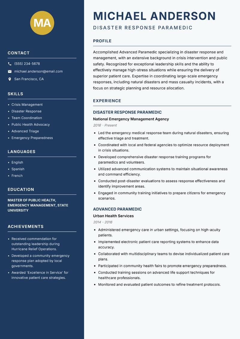 Advanced Paramedic Resume Preview Example