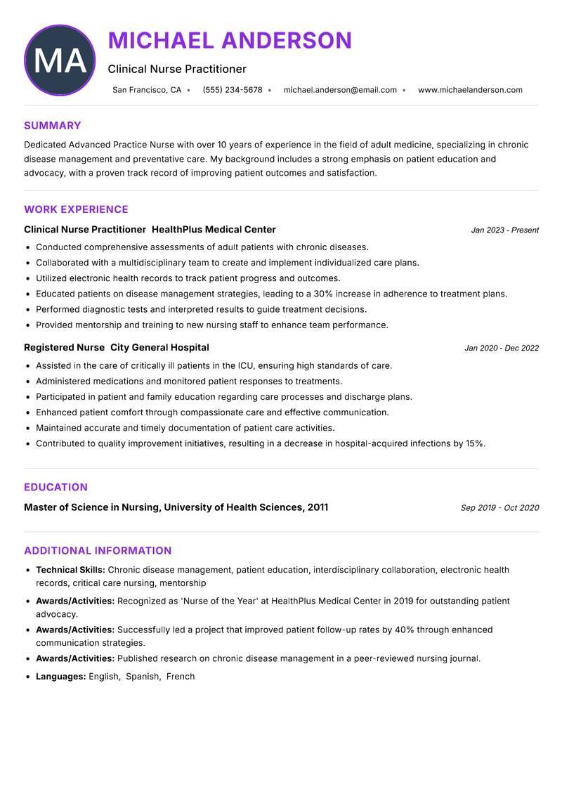 Advanced Practice Nurse Resume Preview Example