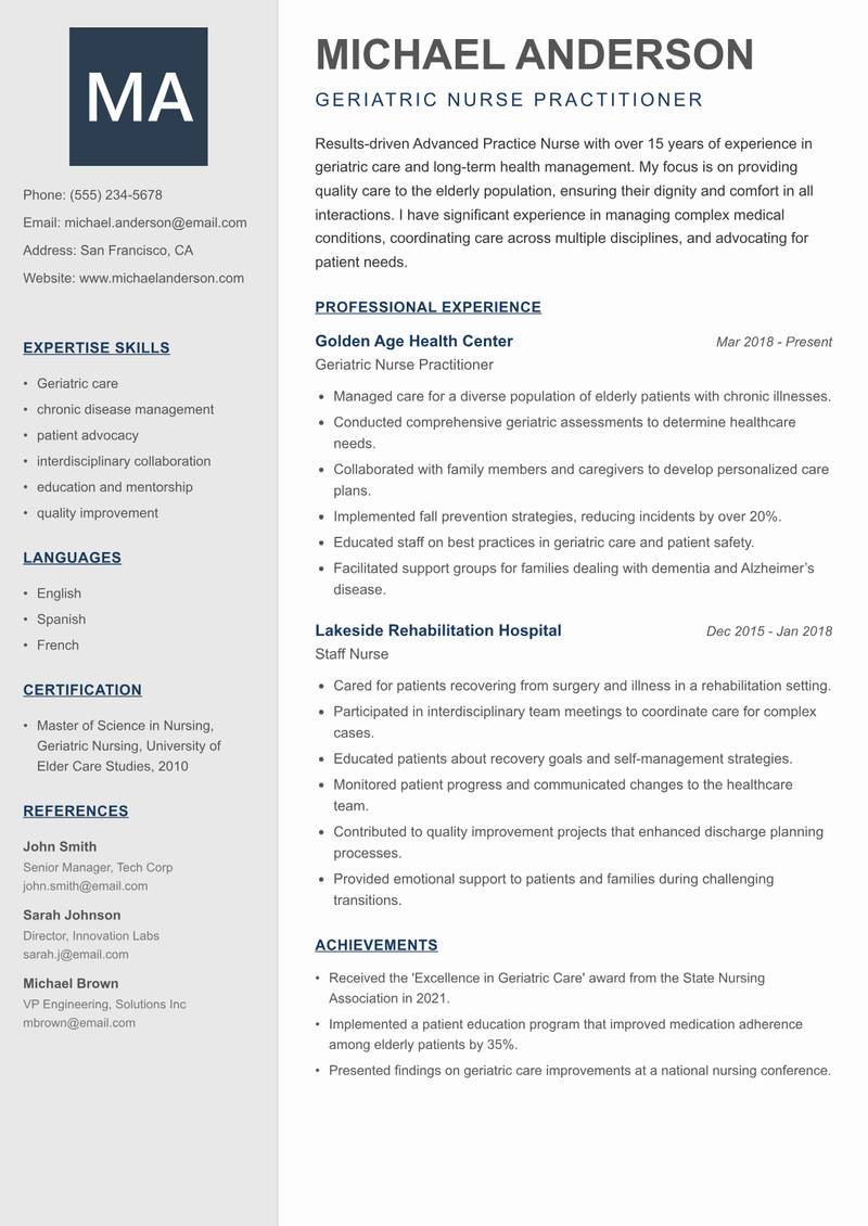Advanced Practice Nurse Resume Preview Example