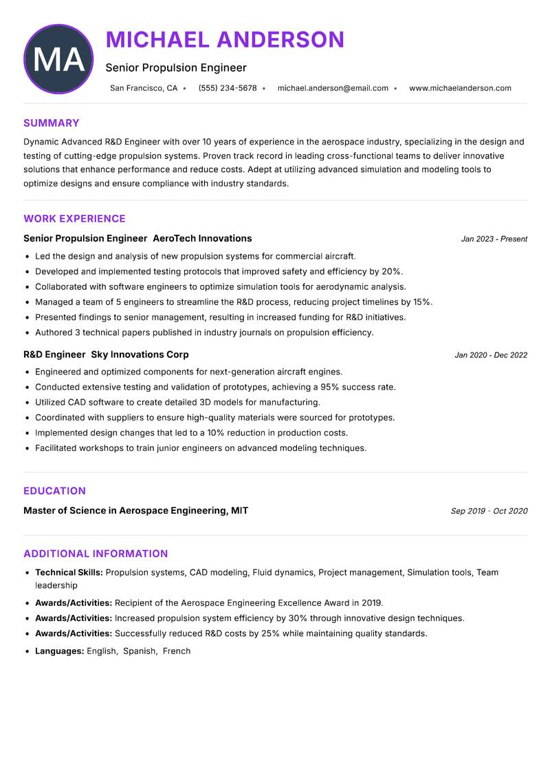 Advanced R&D Engineer Resume Preview Example