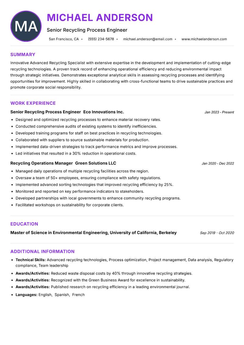 Advanced Recycling Specialist Resume Preview Example