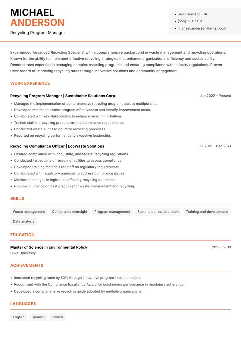 Advanced Recycling Specialist Resume Template