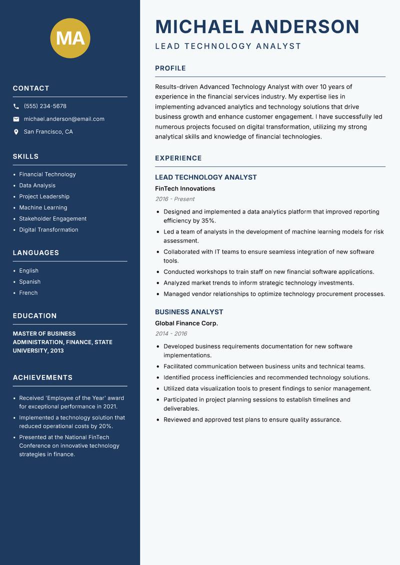 Advanced Technology Analyst Resume Preview Example