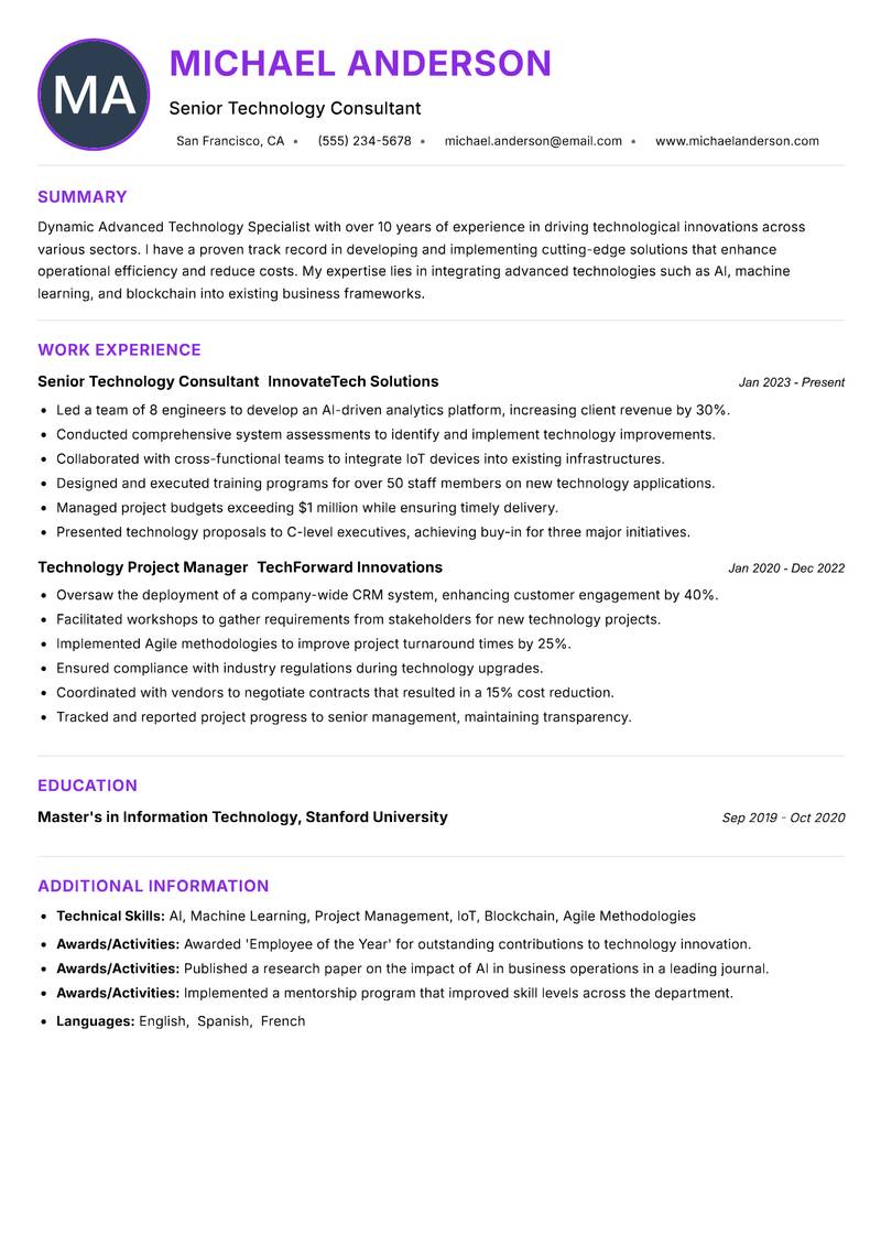 Advanced Technology Specialist Resume Preview Example