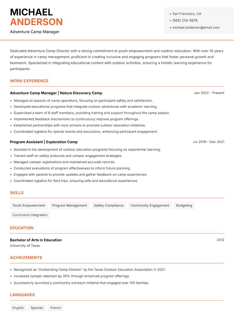 Adventure Camp Director Resume Template