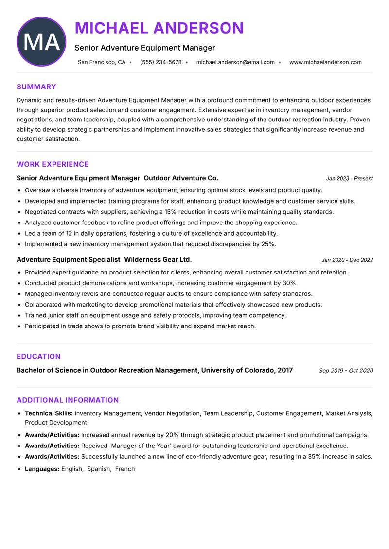 Adventure Equipment Manager Resume Preview Example