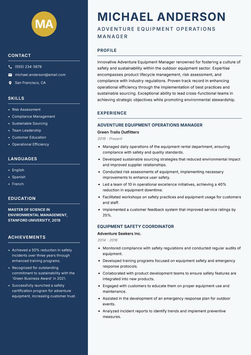 Adventure Equipment Manager Resume Preview Example