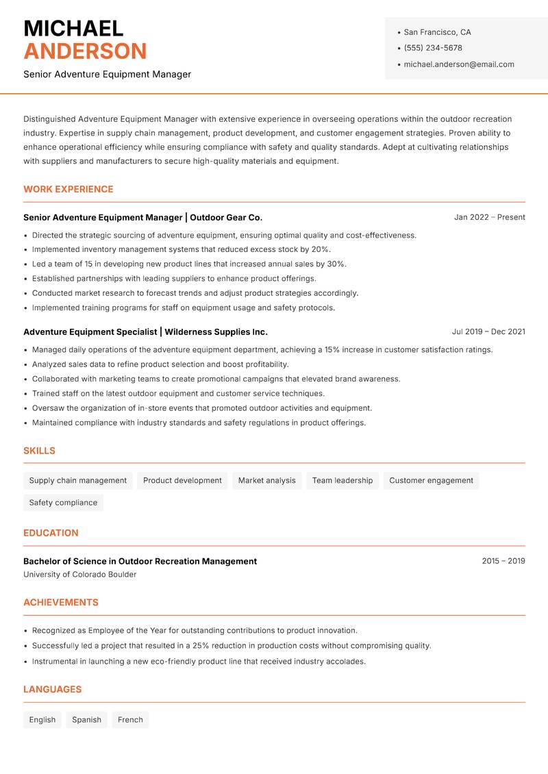 Adventure Equipment Manager Resume Template